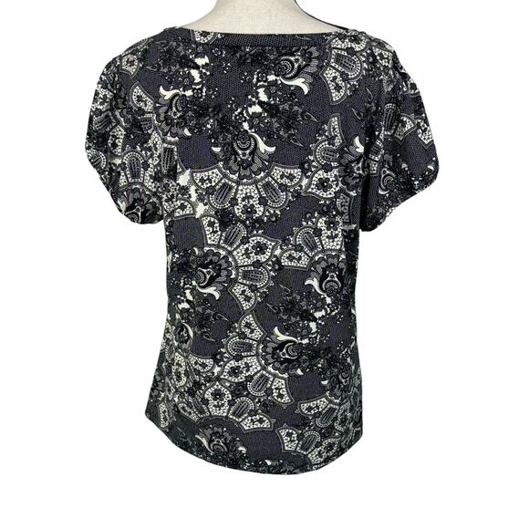 Worthington X-Large Top Geometric Scoop Neck Puff Cap Sleeves Stretch Pleated - Picture 5 of 8